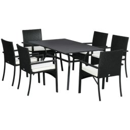 Set mobilier gradina/terasa, negru si bej, ratan sintetic, 1 masa, 6 scaune, Lynna