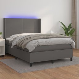 Pat cu arcuri, cu saltea si LED, gri, 140x200 cm, piele eco GartenMobel Dekor
