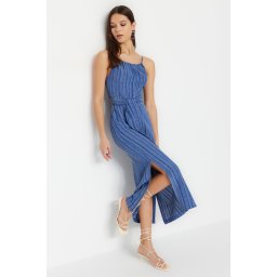 Trendyol Indigo Belted Straight Cut Slit Detailed Midi Woven Dress