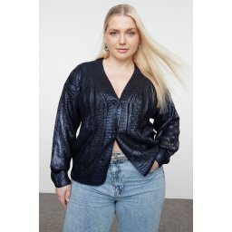 Trendyol Curve Navy Blue Coated Shiny/Gold Knitted Sweater Cardigan