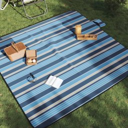 Patura picnic pliabila, dungi albastre alb, 200x200 cm catifea GartenMobel Dekor