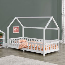Pat Copii Sisimiut tip Casuta Montessori cu Protectie Impotriva Caderilor, Dimensiuni 200x90cm, Lemn de Brad, Alb