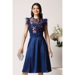 Rochie DY Fashion din satin albastra cu broderie la bust si pene la umeri