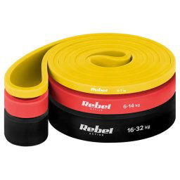 Set 3 benzi elastice Power Band REBEL Active RBA-3000-S3, Latex, 4-32 kg, Galben/Rosu/Negru