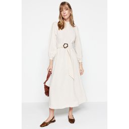 Trendyol Ecru Belted High Neck Linen Look Woven Dress