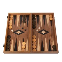 Set joc table backgammon cu tabla de sah la exterior, lemn de nuc si stejar inlaid , 47,5 x 50 cm
