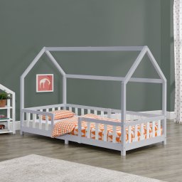 Pat Copii Sisimiut tip Casuta Montessori, Dimensiuni 200x90cm, Lemn de Brad, Culoare Gri/Alb