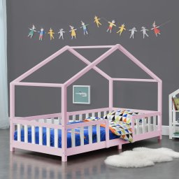 Pat Copii Treviolo tip Casuta Montessori, Dimensiuni 90x200cm, Lemn de Brad, Culoare Roz/Alb