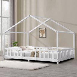 Pat Copii Treviolo tip Casuta Montessori, Dimensiuni 200x140cm, Lemn de Brad, Culoare Alb Mat