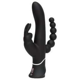 Happyrabbit Triple - vibrator clitoridian și anal cu baterie - silicon negru
