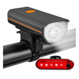 Set lumini reincarcabile, far cu sonerie/claxon si stop 5 led-uri, 4 moduri, negre