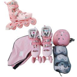 Role copii 2 in 1, R011, cu casca, cotiere si genunchiere, masuri reglabile 29-32, roz pal, S