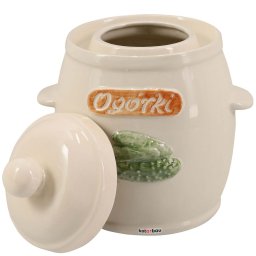 Butoi din ceramică pentru murături cu capac, mânere și inscripție alb 5 l