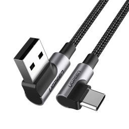 CABLU alimentare si date Ugreen, "US176", Fast Charging Data Cable pt. smartphone, USB la USB Type-C 3A Complete Angled 90, braided, 0.5m, negru "20855" (include TV 0.06 lei) - 6957303828555