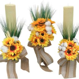 Set 2 lumanari cununie ceara naturala + buchet mireasa, flori matase si spice, alb-galben - ILIF406024