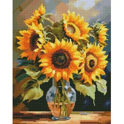 Set goblen cu diamante, cu sasiu, Floarea soarelui in vaza, 40x50 cm