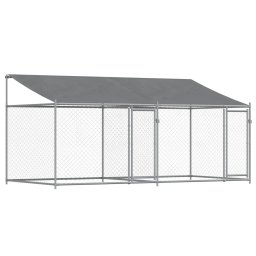 Cusca caini cu acoperis si usi, gri, 4x2x2 m, otel galvanizat GartenMobel Dekor