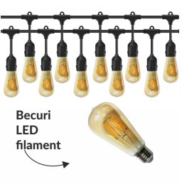 Pachet ghirlanda cu pendule 10m, E27, IP65 cu 10 becuri LED Filament Amber ST64 4W