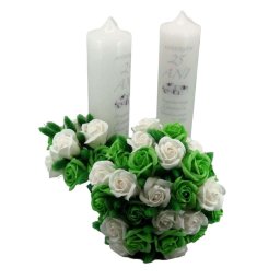 Set 2 lumanari Nunta de Argint + buchet mireasa, flori verzi si albe - ILIF407009