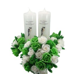 Set 2 lumanari cununie + un buchet mireasa, flori verzi si albe - ILIF407008