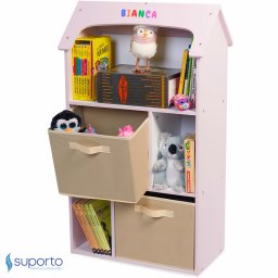 Biblioteca copii, Suporto, Organizator cu raft pentru carti, Cutii depozitare jucarii, rechizite si papusi, Mobilier din Lemn MDF, Dulap tip casuta cu 3 etajere, 91,5 x 54 x 27cm, Roz