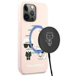 Husa MagSafe Karl Lagerfeld Silicone Ikonik Karl & Choupette pentru iPhone 13 / 13 Pro, culoare roz deschis