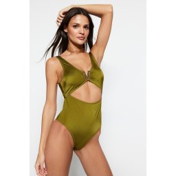 Trendyol Khaki V-Neck Accessorized Regular Leg Swimsuit