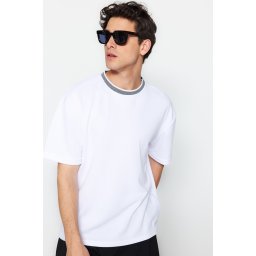 Trendyol Premium Basic White Relaxed Cut Knitted Tape Textured Pique T-Shirt