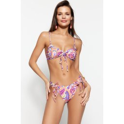 Trendyol Abstract Patterned Gathered Normal Leg Bikini Bottom