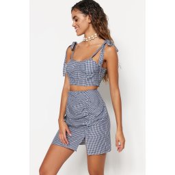 Trendyol Gingham Woven Slit Blouse and Skirt Set