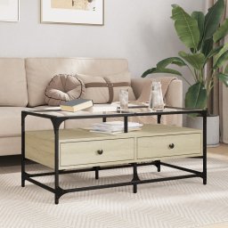 Masuta cafea cu blat din sticla stejar sonoma 98,5x50x45cm otel GartenMobel Dekor