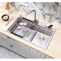 Chiuveta bucatarie inox dubla CookingAid AFRODITA XL cu dozator detergent, scurgator vase paste fructe, gratar rulabil inox, suport cutite, tocator lemn Sapele + accesorii montaj