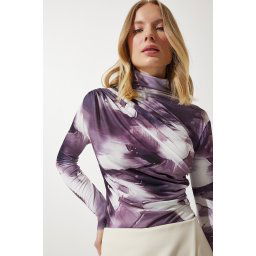 Happiness İstanbul Women's Damson Draped High Neck Sandy Blouse