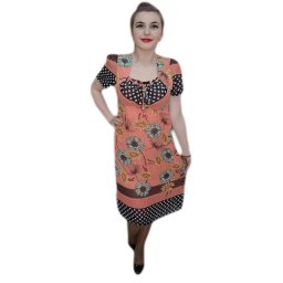 Rochie lejera de vara, masura mare, nuanta corai cu flori verzi (Marime: 44, Culoare: CORAI)