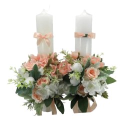 Lumanare nunta cu flori de matase - roz piersica si alb, h40 x Ø6cm - ALIF407020