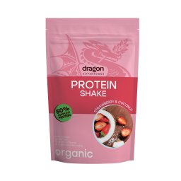 Shake proteic capsuni si cocos bio 450g Dragon Superfoods - 50% proteine