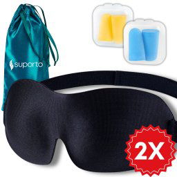 Set 2x Masti de dormit Suporto, design 3D fara presiune pe ochi, reglabile, cu huse Verde smarald, blocheaza lumina in totalitate, si 4 seturi de dopuri de urechi incluse, pentru un somn linistit