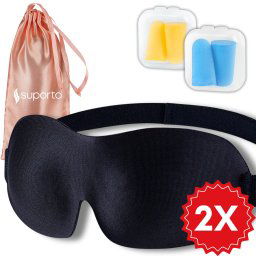 Set 2x Masti de dormit Suporto, design 3D fara presiune pe ochi, reglabile, cu huse Roz perlat, blocheaza lumina in totalitate, si 4 seturi de dopuri de urechi incluse, pentru un somn linistit