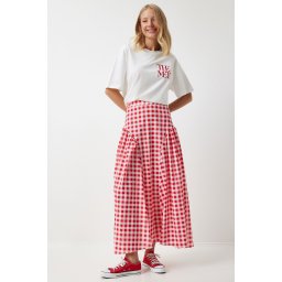 Happiness İstanbul Women's Dark Pink Gingham Flounce Summer Poplin Skirt