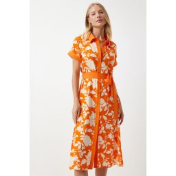 Happiness İstanbul Women's Orange Floral Summer Slim Viscose Dress