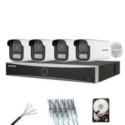 Sistem supraveghere complet 4 camere Hikvision 8MP(4K) Smart Dual Light 30m microfon, NVR AcuSense 8 canale, HDD si accesorii instalare incluse