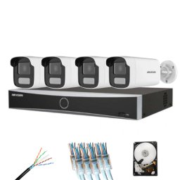 Sistem supraveghere IP complet 4 camere Hikvision 8MP(4k) Smart Hybrid Light 50m microfon, NVR AcuSense 8 canale, HDD si accesorii instalare incluse