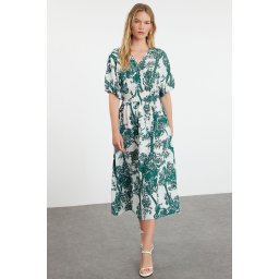 Trendyol Green Floral A-Line Double-Breasted Midi Woven Dress