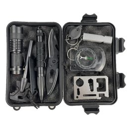 Kit Supravietuire 11 in 1, Busola, Fluier, Lanterna, Cutit, Pix, Fierastrau, Cutie Negru