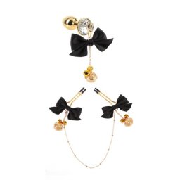 Chisa Senuelo Ispita Sexy Set Negru Dop Anal cu Bijuterie si Lantisor cu Clema pentru Sfarcuri cu Fundite