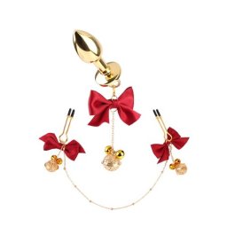 Chisa Senuelo Ispita Sexy Set Rosu Dop Anal cu Bijuterie si Lantisor cu Clema pentru Sfarcuri cu Fundite