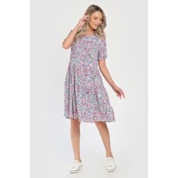 Rochie Medie, cu Imprimeu MicroFloral Roz, V283