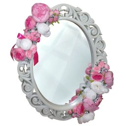 Oglinda miresei, forma ovala in stil floral, lucrata cu flori de matase, roz-argintiu - ALIF407030