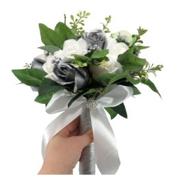 Buchet mireasa/nasa cu flori de sapun, alb-argintiu-verde - ALIF408003