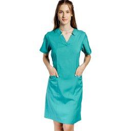 Sarafan medical stretch verde, cu prindere cu cordon la spate si doua buzunare aplicate